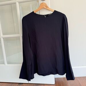 Lafayette 148 New York Jewel-Neck Flared-Cuff Silk Blouse Size M in Navy Blue